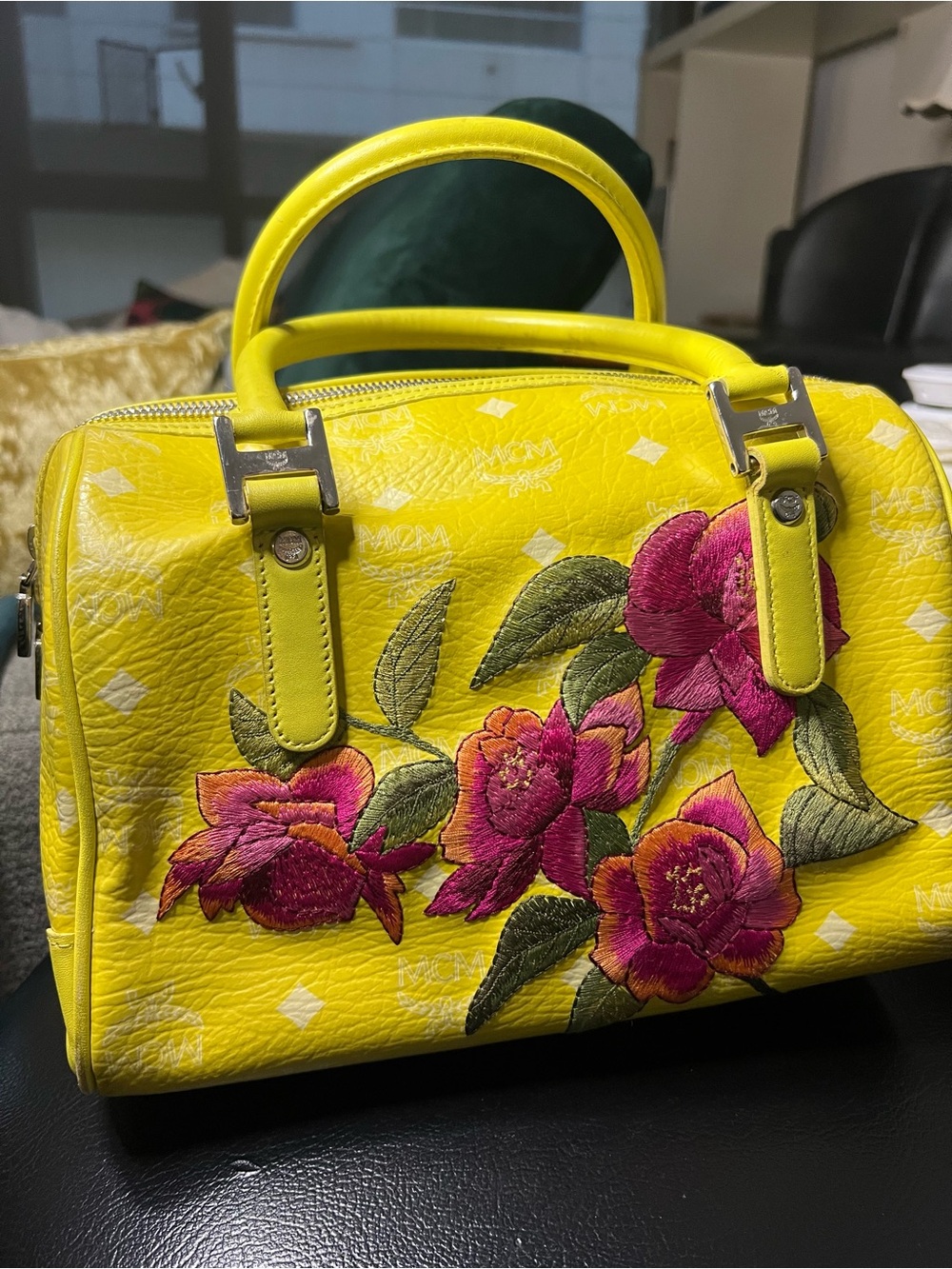 RARE MCM Yellow Visetos Floral Embroidered Boston Satchel Bag - Picture 2 of 12